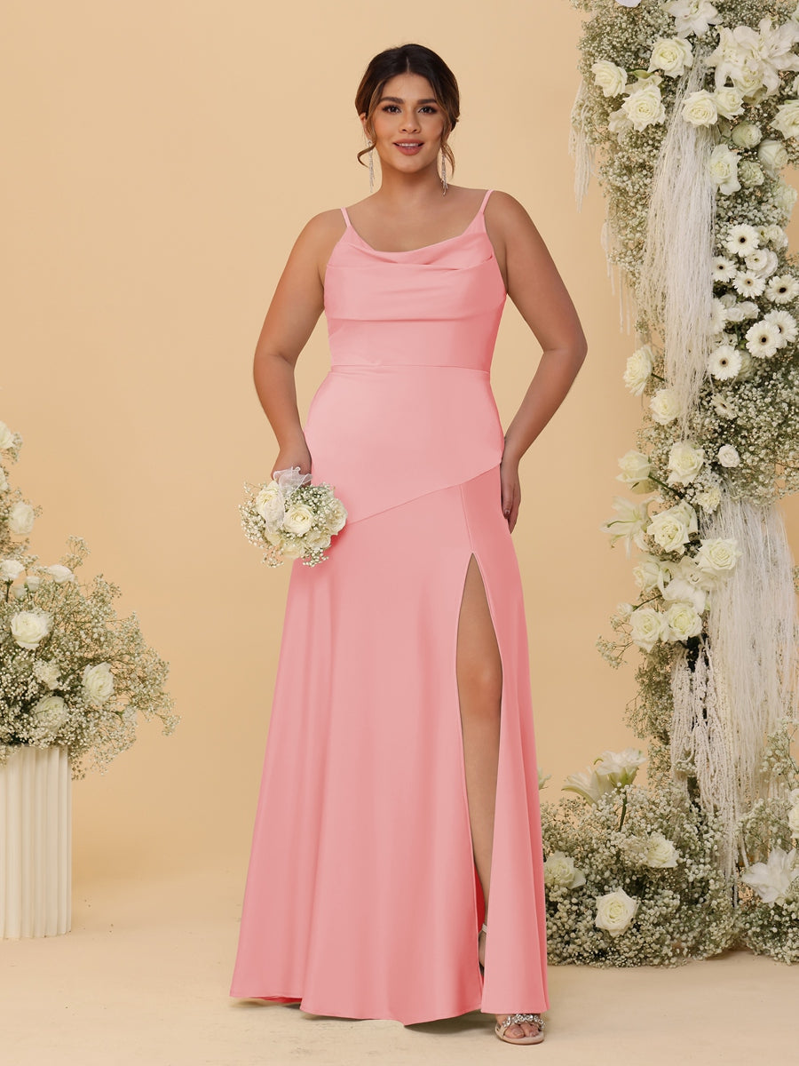 Sheath/Column Spaghetti Straps Cowl Neck Sleeveless Plus Size Bridesmaid Dresses With Split Side Coral