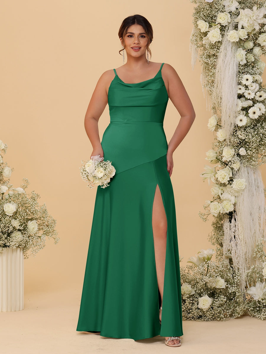 Sheath/Column Spaghetti Straps Cowl Neck Sleeveless Plus Size Bridesmaid Dresses With Split Side Dark Green