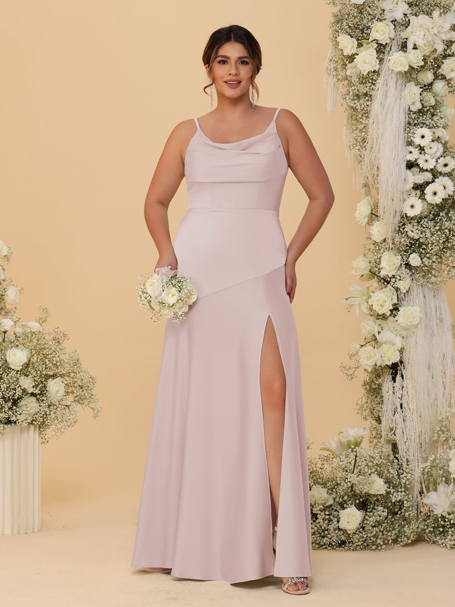 Sheath/Column Spaghetti Straps Cowl Neck Sleeveless Plus Size Bridesmaid Dresses With Split Side Dusty Pink