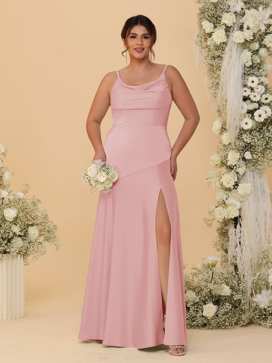 Sheath/Column Spaghetti Straps Cowl Neck Sleeveless Plus Size Bridesmaid Dresses With Split Side Dusty Rose