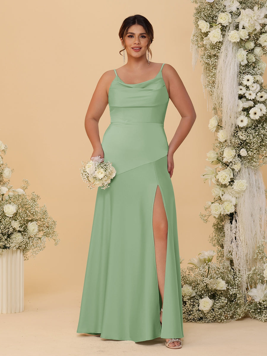 Sheath/Column Spaghetti Straps Cowl Neck Sleeveless Plus Size Bridesmaid Dresses With Split Side Dusty Sage
