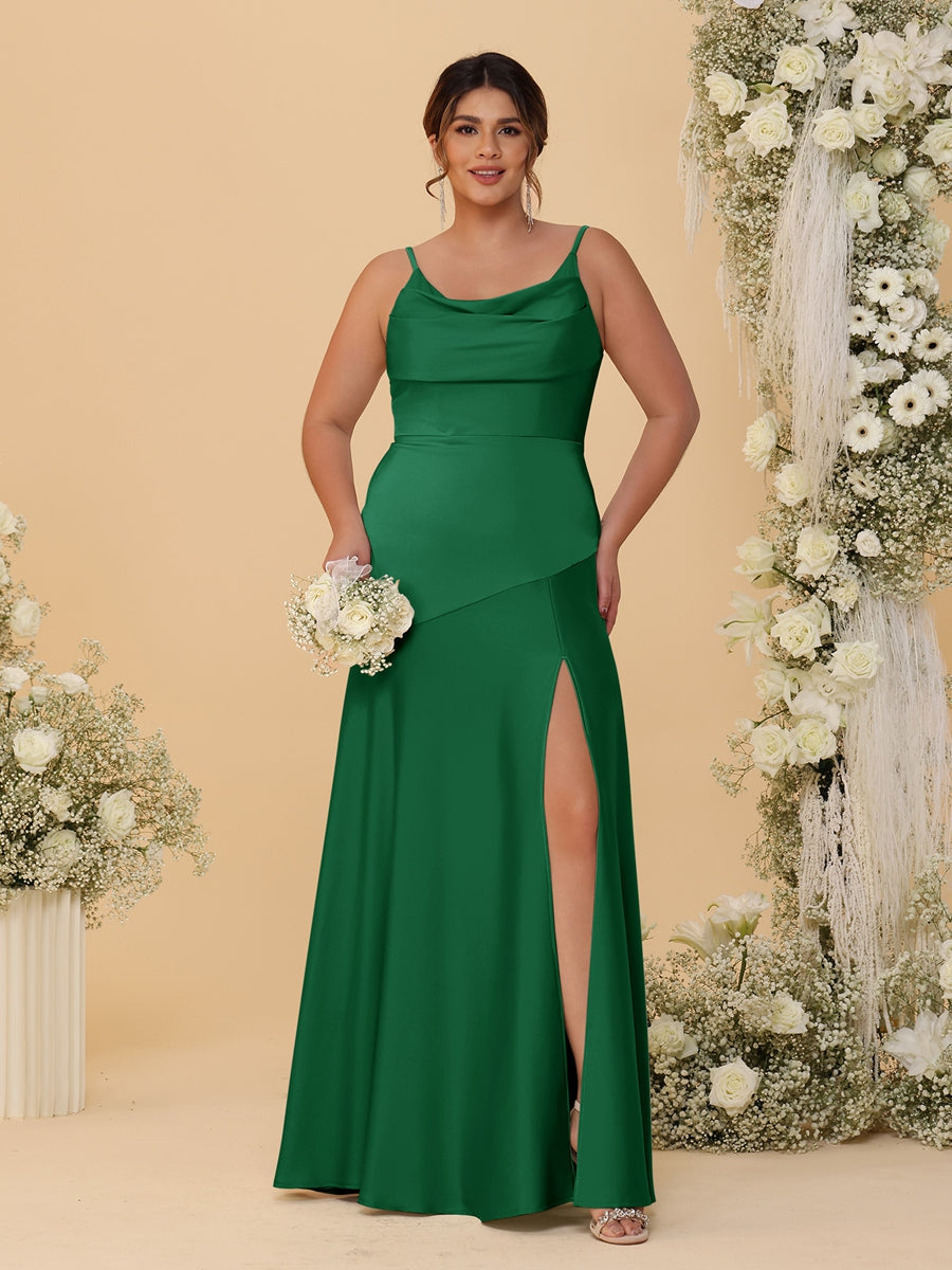Sheath/Column Spaghetti Straps Cowl Neck Sleeveless Plus Size Bridesmaid Dresses With Split Side Emerald