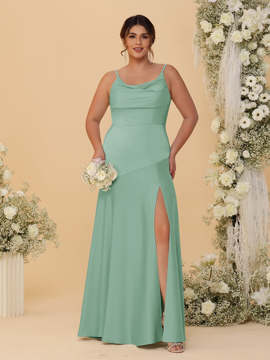 Sheath/Column Spaghetti Straps Cowl Neck Sleeveless Plus Size Bridesmaid Dresses With Split Side Eucalyptus