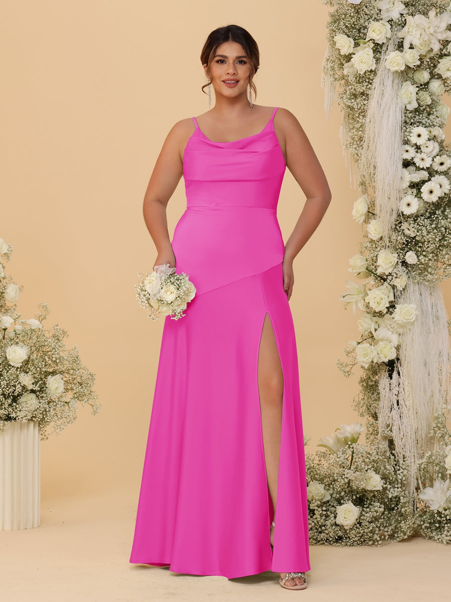 Sheath/Column Spaghetti Straps Cowl Neck Sleeveless Plus Size Bridesmaid Dresses With Split Side Fuchsia