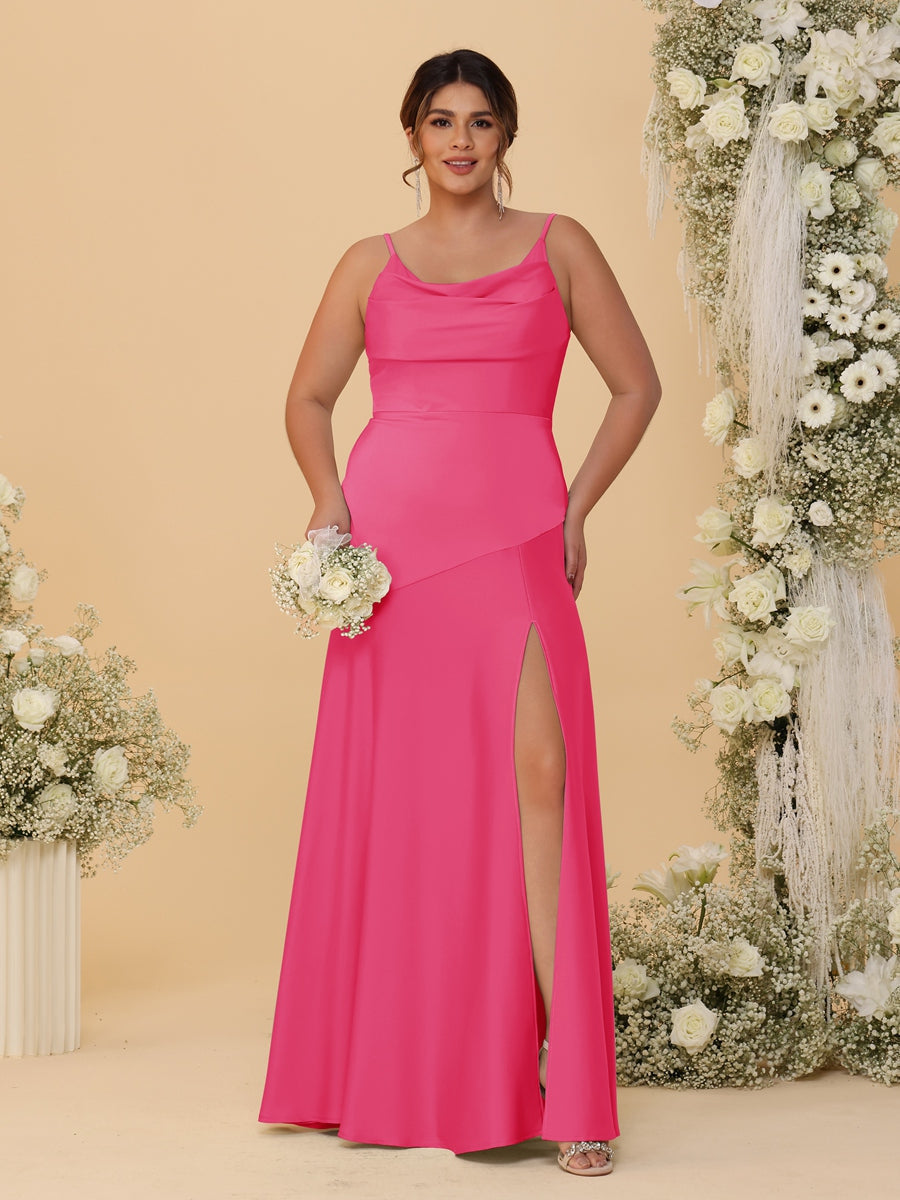 Sheath/Column Spaghetti Straps Cowl Neck Sleeveless Plus Size Bridesmaid Dresses With Split Side Fuchsia Pink