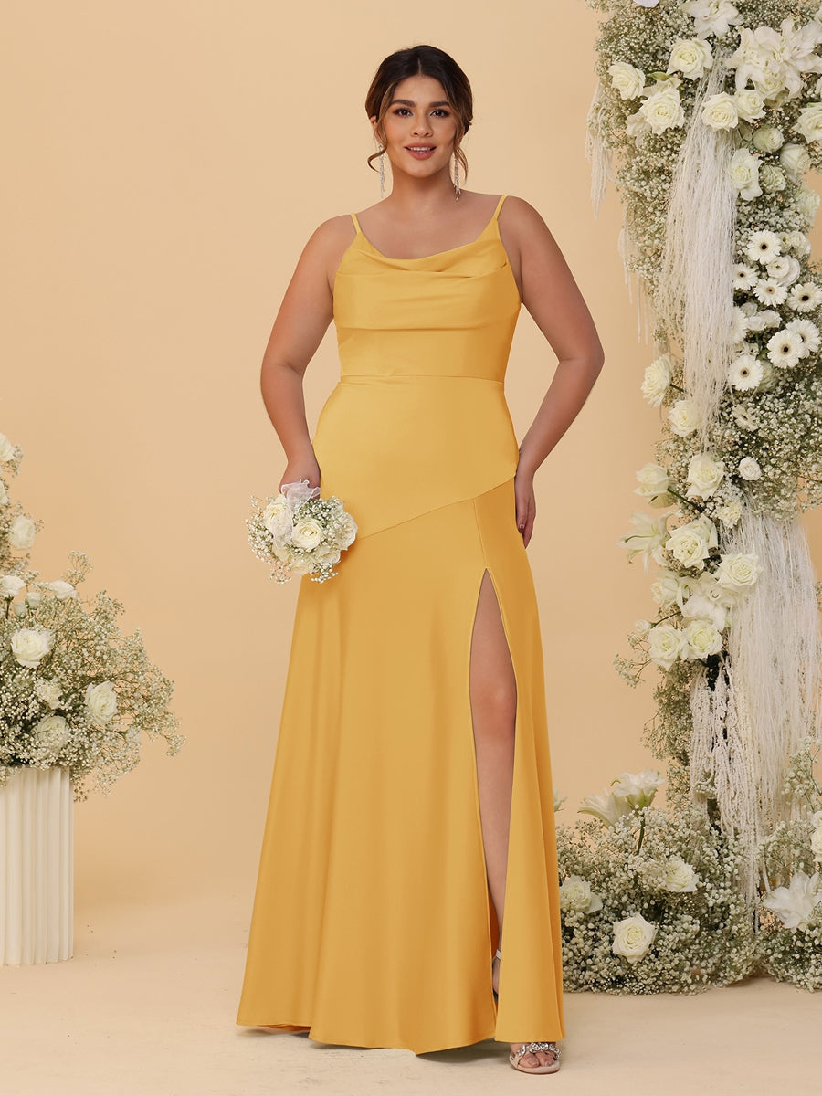 Sheath/Column Spaghetti Straps Cowl Neck Sleeveless Plus Size Bridesmaid Dresses With Split Side Gold