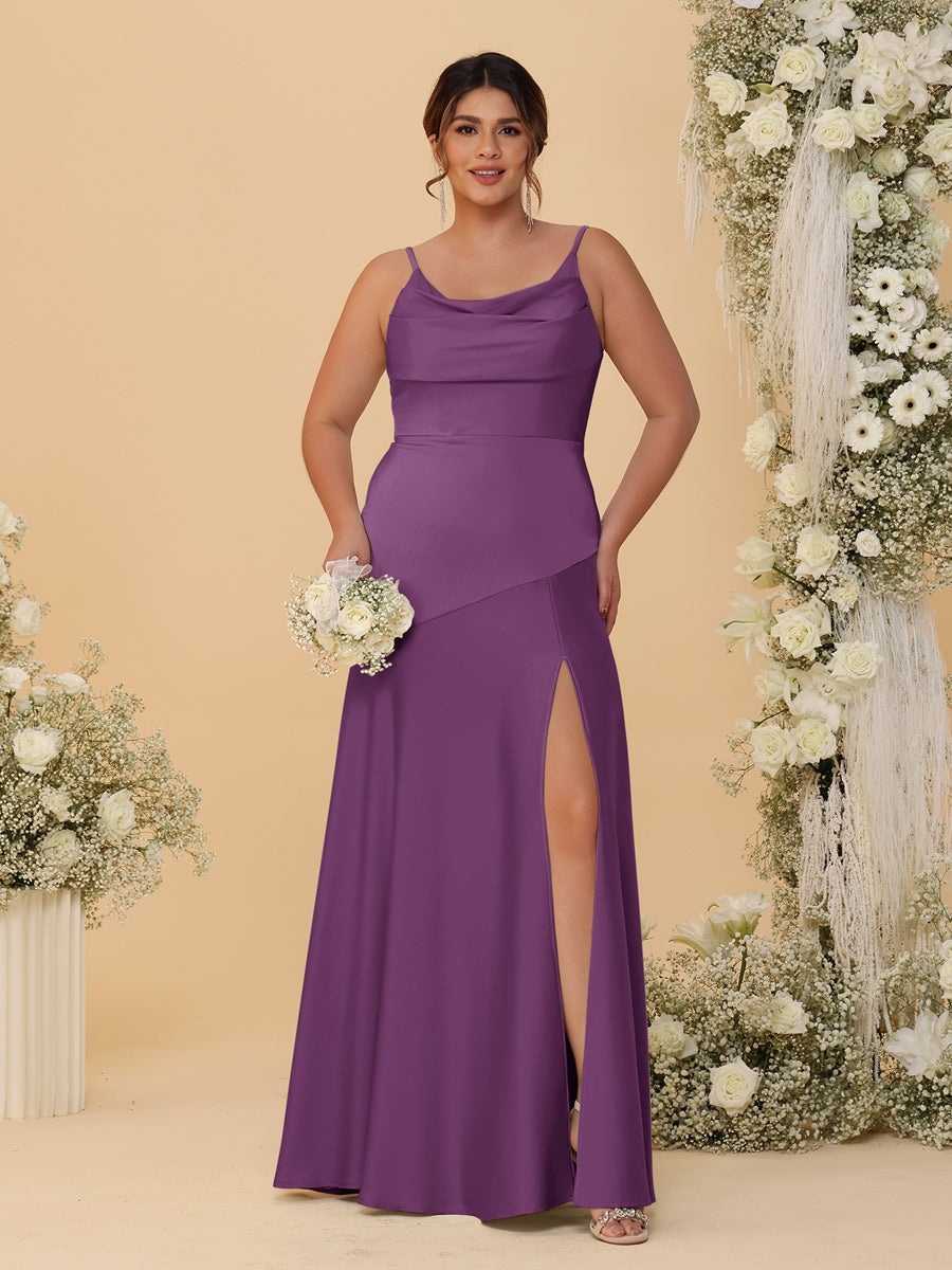 Sheath/Column Spaghetti Straps Cowl Neck Sleeveless Plus Size Bridesmaid Dresses With Split Side Grape