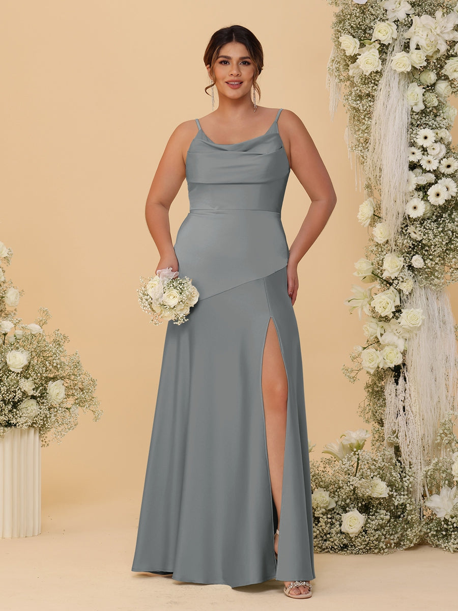 Sheath/Column Spaghetti Straps Cowl Neck Sleeveless Plus Size Bridesmaid Dresses With Split Side Gray