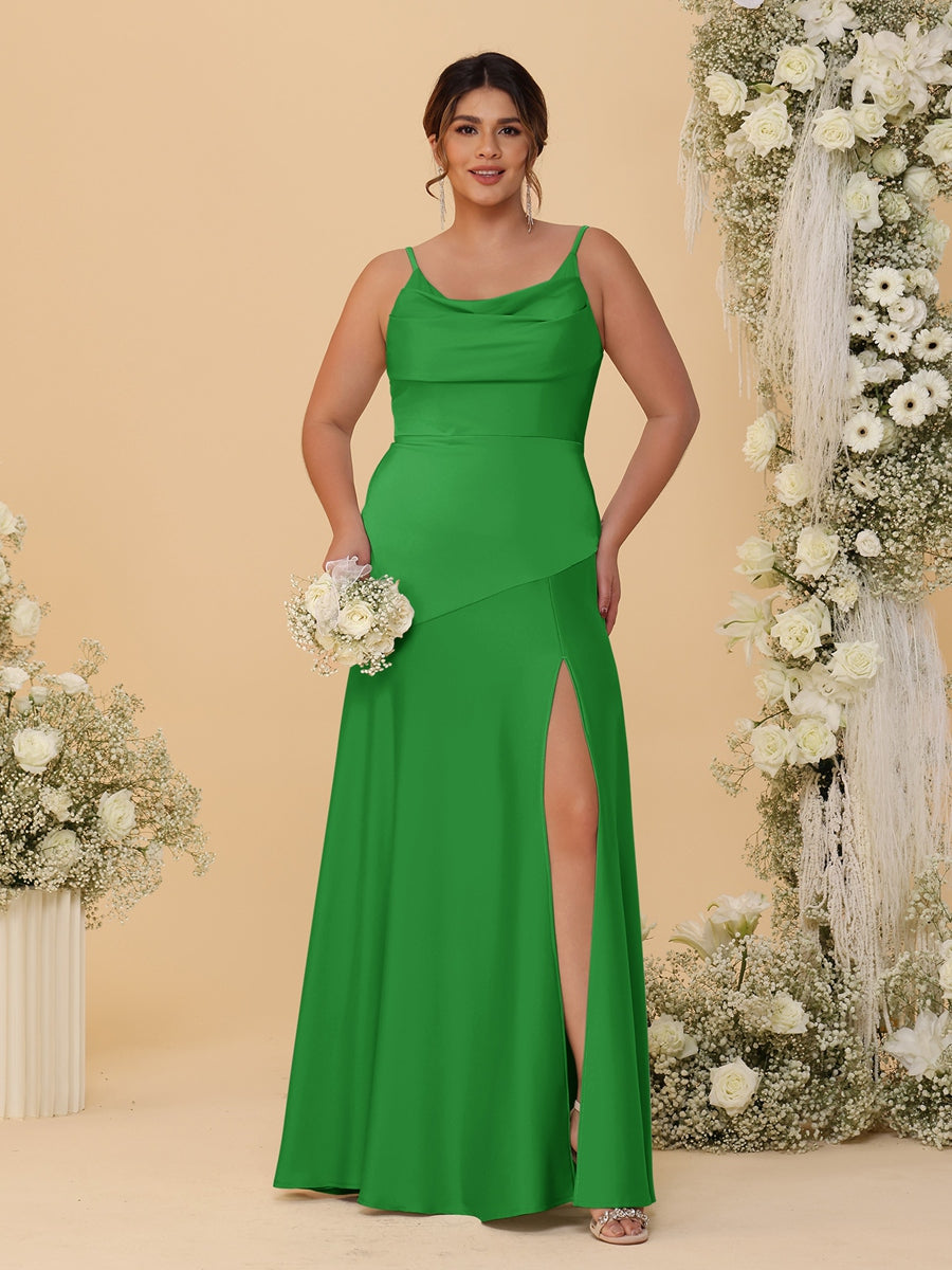 Sheath/Column Spaghetti Straps Cowl Neck Sleeveless Plus Size Bridesmaid Dresses With Split Side Green