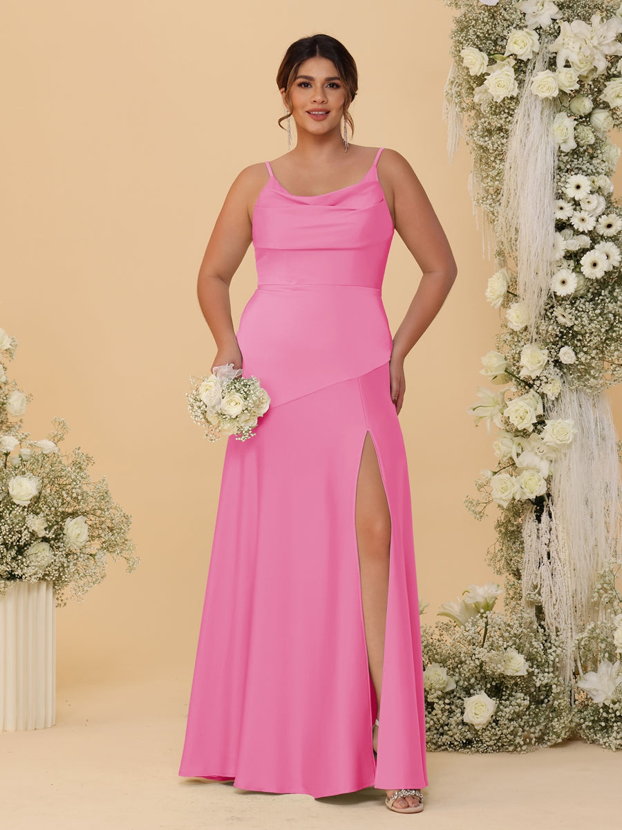 Sheath/Column Spaghetti Straps Cowl Neck Sleeveless Plus Size Bridesmaid Dresses With Split Side Hot Pink