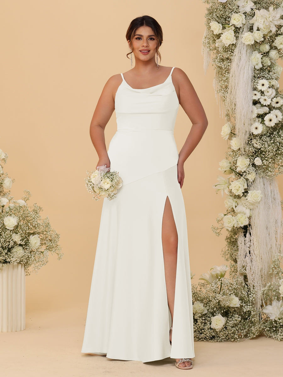Sheath/Column Spaghetti Straps Cowl Neck Sleeveless Plus Size Bridesmaid Dresses With Split Side Ivory