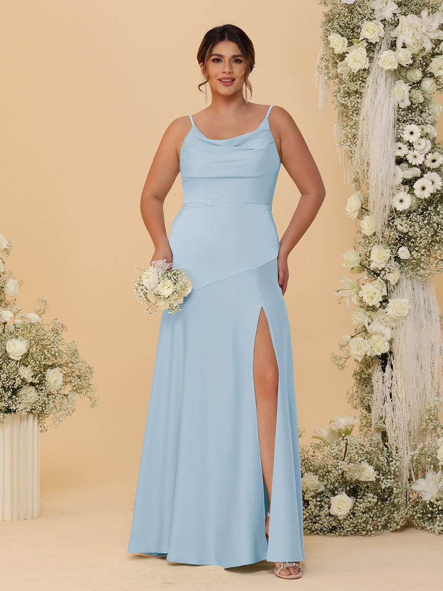 Sheath/Column Spaghetti Straps Cowl Neck Sleeveless Plus Size Bridesmaid Dresses With Split Side Lavender