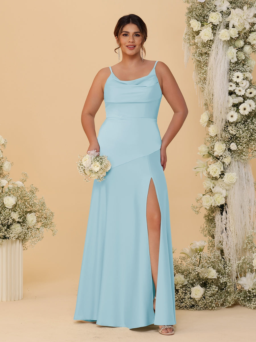 Sheath/Column Spaghetti Straps Cowl Neck Sleeveless Plus Size Bridesmaid Dresses With Split Side Light Blue