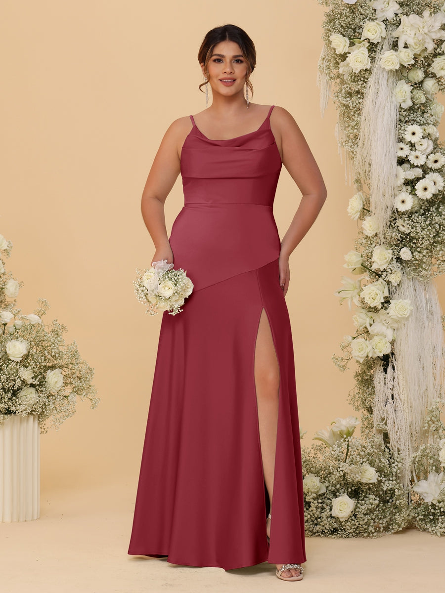 Sheath/Column Spaghetti Straps Cowl Neck Sleeveless Plus Size Bridesmaid Dresses With Split Side Light Burgundy