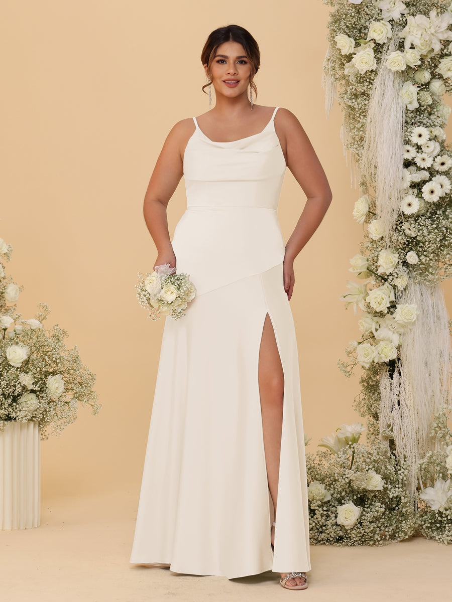 Sheath/Column Spaghetti Straps Cowl Neck Sleeveless Plus Size Bridesmaid Dresses With Split Side Light Champagne