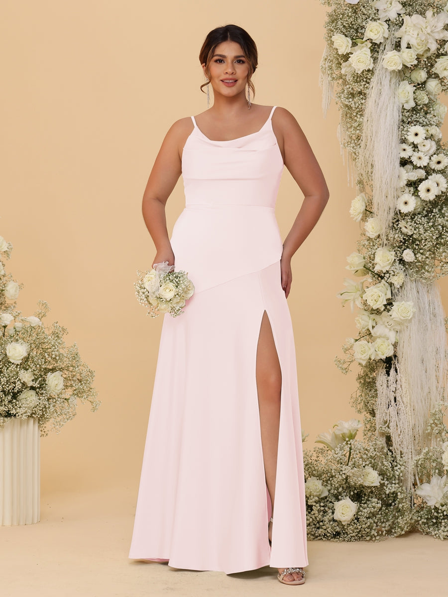Sheath/Column Spaghetti Straps Cowl Neck Sleeveless Plus Size Bridesmaid Dresses With Split Side Light Pink