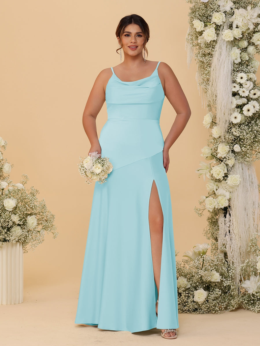 Sheath/Column Spaghetti Straps Cowl Neck Sleeveless Plus Size Bridesmaid Dresses With Split Side Light Sky Blue