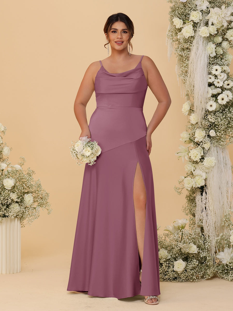 Sheath/Column Spaghetti Straps Cowl Neck Sleeveless Plus Size Bridesmaid Dresses With Split Side Mulberry