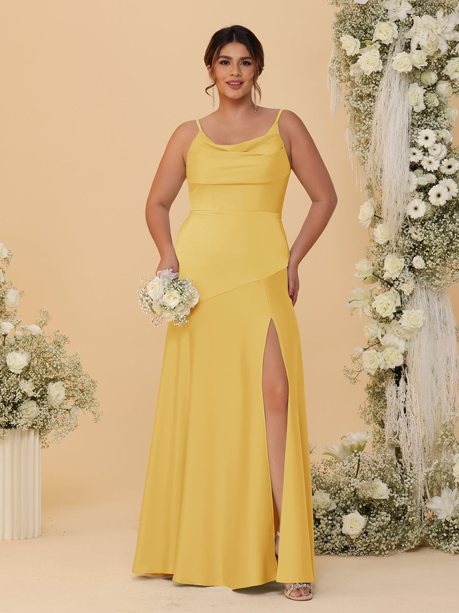 Sheath/Column Spaghetti Straps Cowl Neck Sleeveless Plus Size Bridesmaid Dresses With Split Side Mustard Yellow