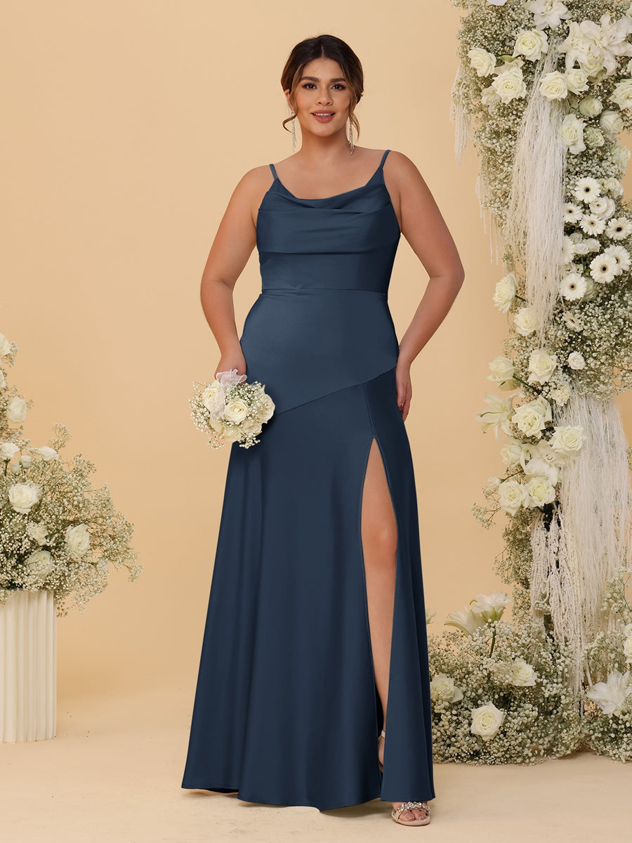 Sheath/Column Spaghetti Straps Cowl Neck Sleeveless Plus Size Bridesmaid Dresses With Split Side Navy Blue