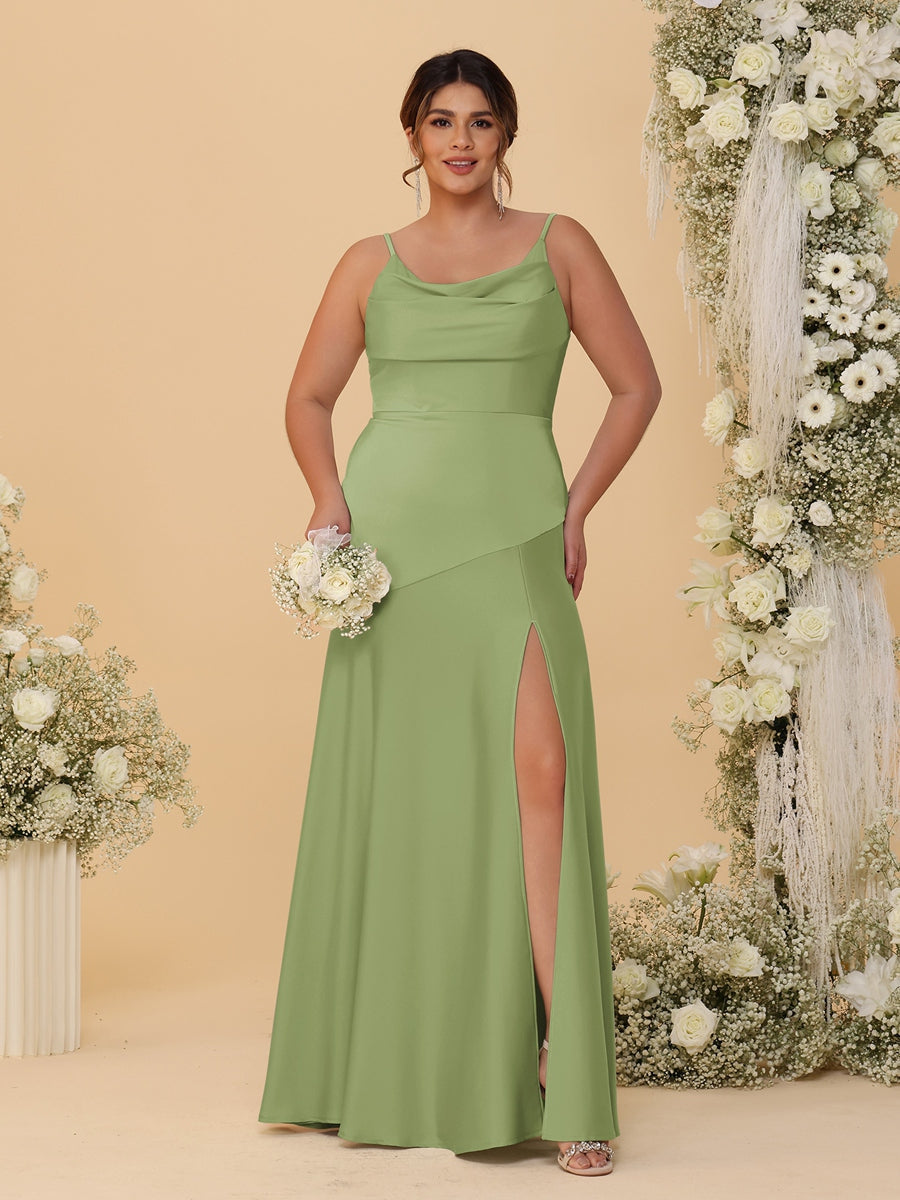 Sheath/Column Spaghetti Straps Cowl Neck Sleeveless Plus Size Bridesmaid Dresses With Split Side Olive Green