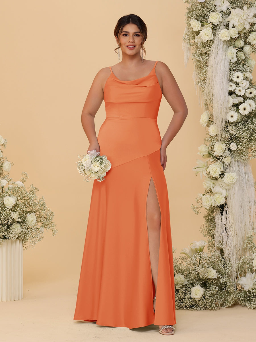 Sheath/Column Spaghetti Straps Cowl Neck Sleeveless Plus Size Bridesmaid Dresses With Split Side Orange