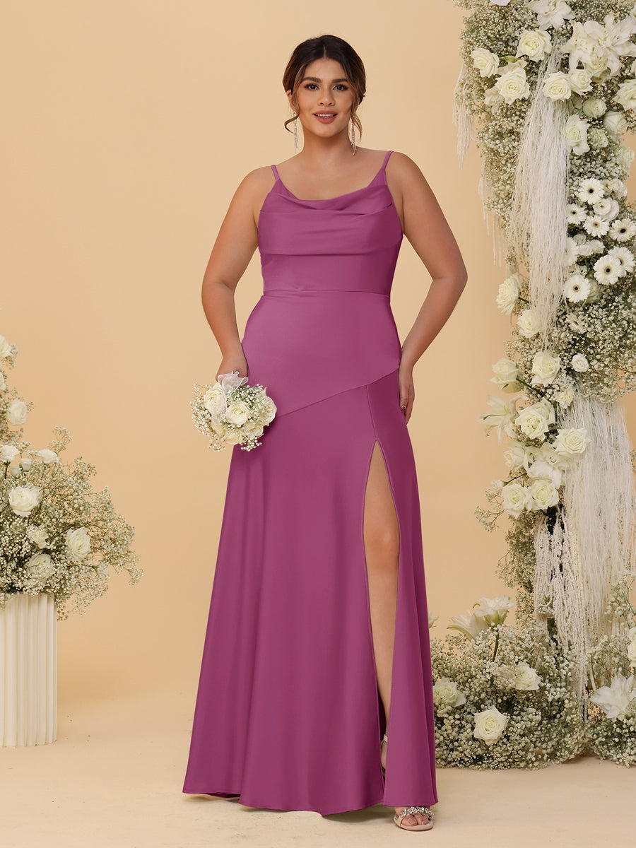 Sheath/Column Spaghetti Straps Cowl Neck Sleeveless Plus Size Bridesmaid Dresses With Split Side Orchid