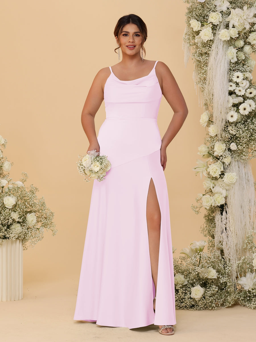 Sheath/Column Spaghetti Straps Cowl Neck Sleeveless Plus Size Bridesmaid Dresses With Split Side Pink