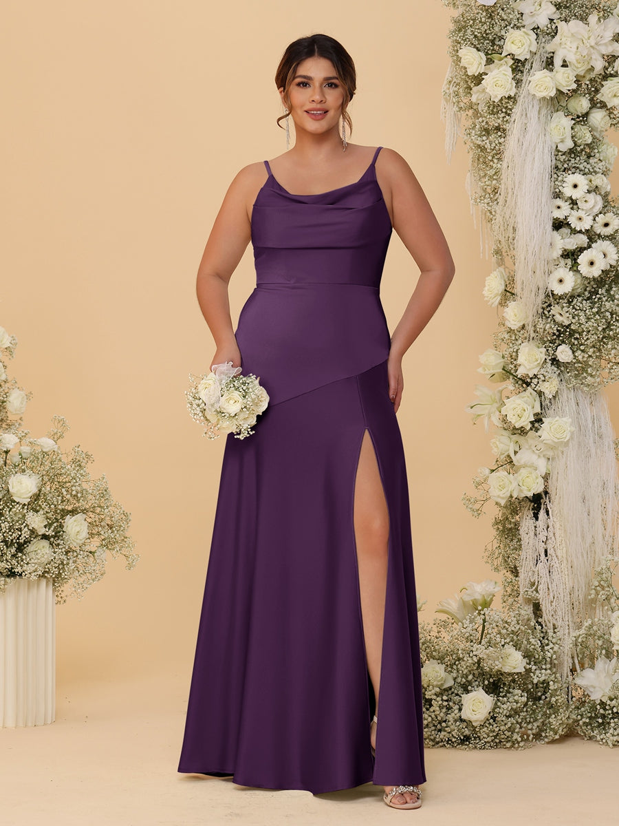 Sheath/Column Spaghetti Straps Cowl Neck Sleeveless Plus Size Bridesmaid Dresses With Split Side Plum