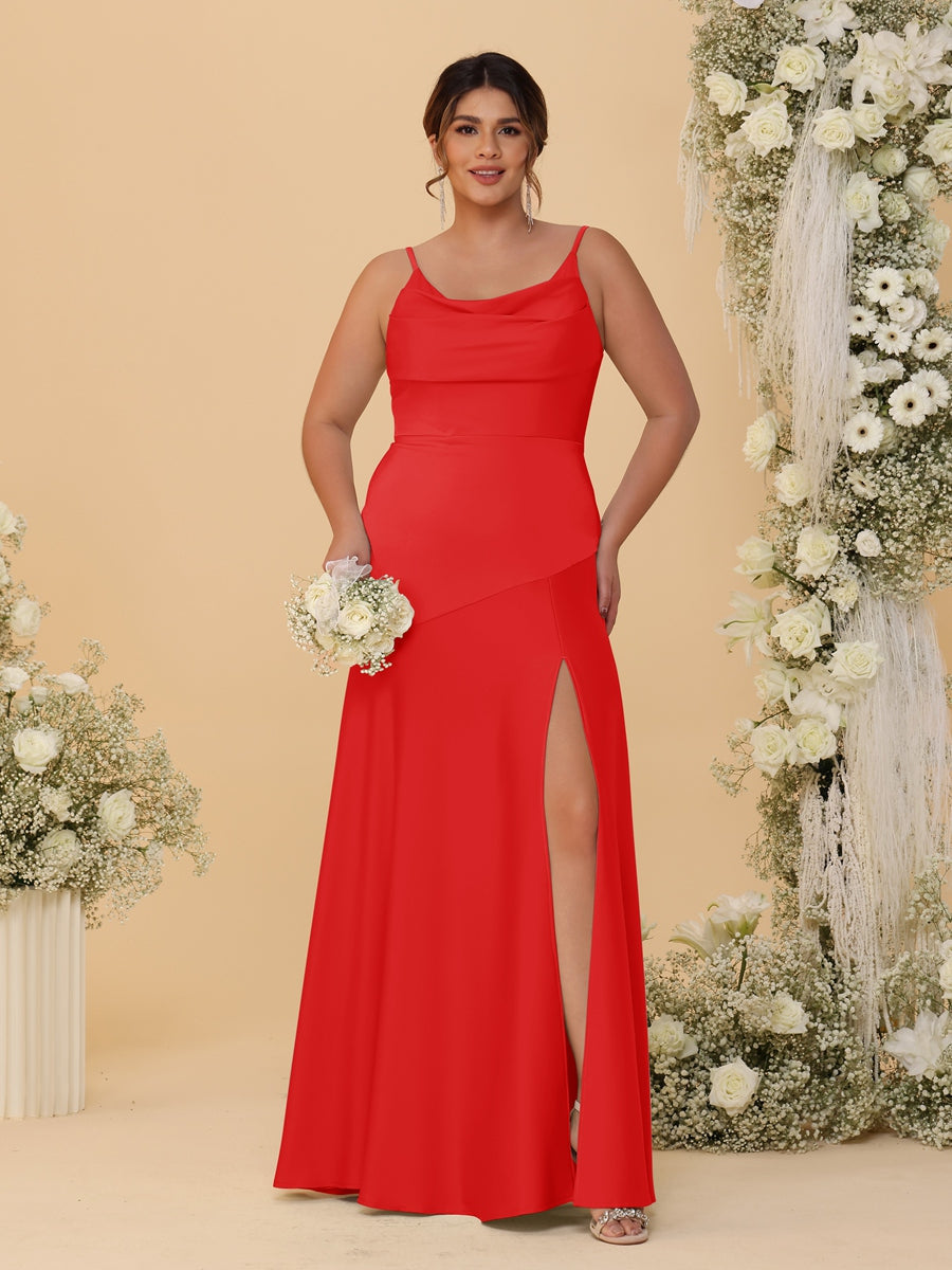 Sheath/Column Spaghetti Straps Cowl Neck Sleeveless Plus Size Bridesmaid Dresses With Split Side Red