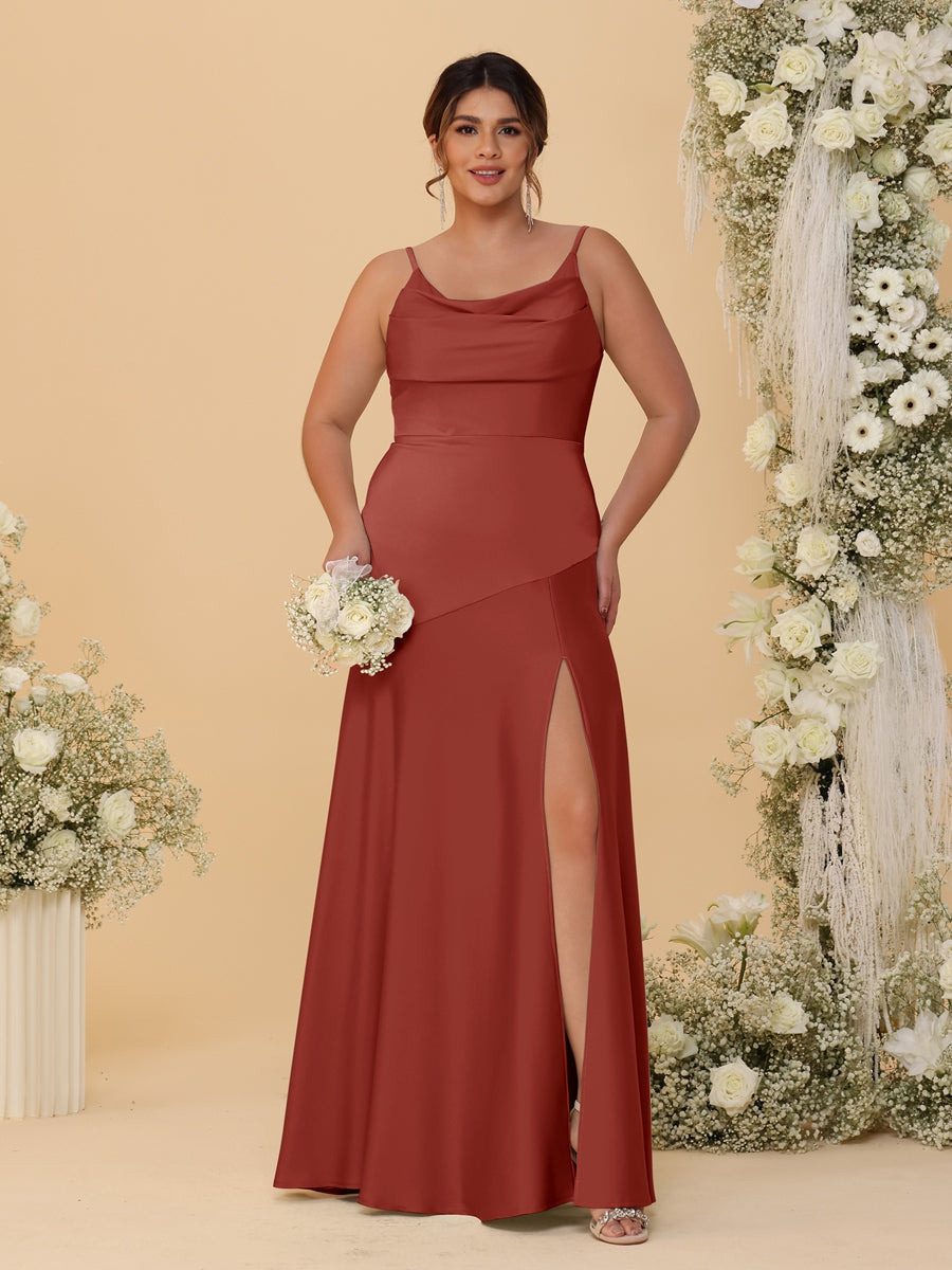 Sheath/Column Spaghetti Straps Cowl Neck Sleeveless Plus Size Bridesmaid Dresses With Split Side Rust