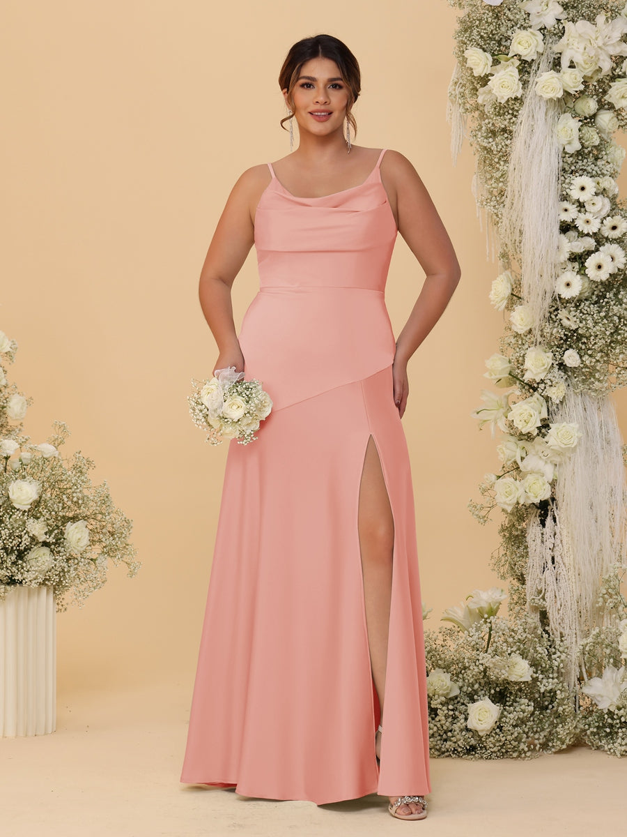Sheath/Column Spaghetti Straps Cowl Neck Sleeveless Plus Size Bridesmaid Dresses With Split Side Salmon
