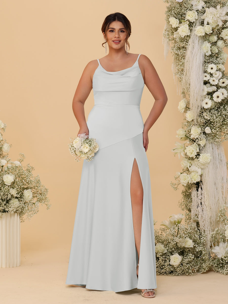 Sheath/Column Spaghetti Straps Cowl Neck Sleeveless Plus Size Bridesmaid Dresses With Split Side Silver