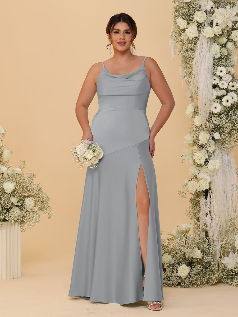 Sheath/Column Spaghetti Straps Cowl Neck Sleeveless Plus Size Bridesmaid Dresses With Split Side Silver Gray