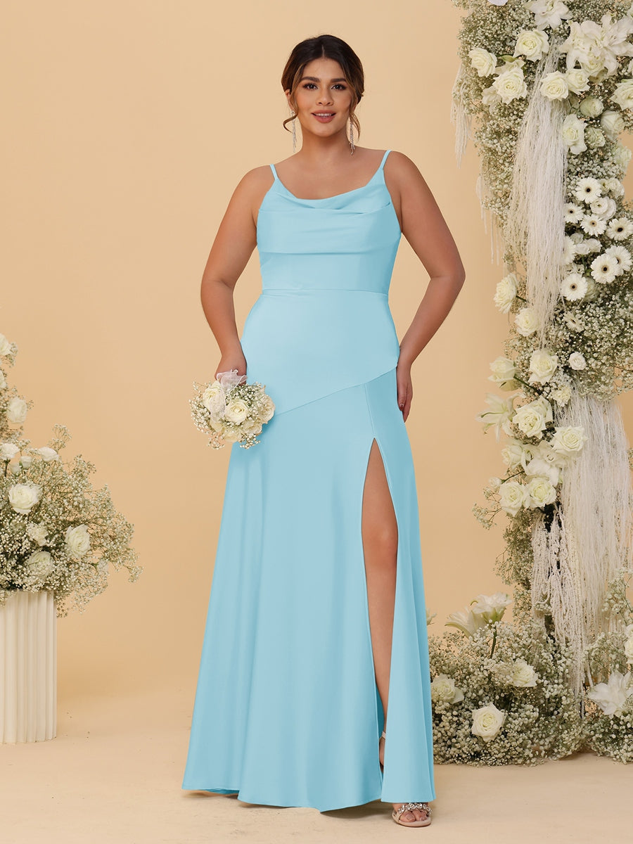 Sheath/Column Spaghetti Straps Cowl Neck Sleeveless Plus Size Bridesmaid Dresses With Split Side Sky Blue