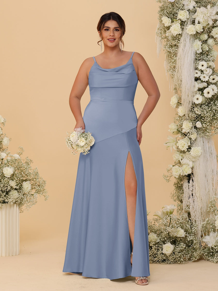 Sheath/Column Spaghetti Straps Cowl Neck Sleeveless Plus Size Bridesmaid Dresses With Split Side Steel Blue