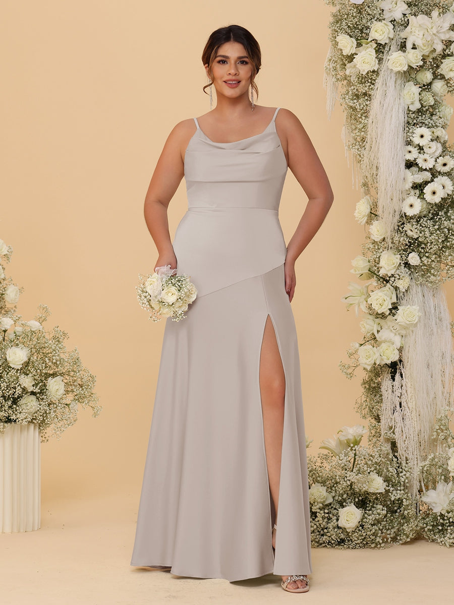 Sheath/Column Spaghetti Straps Cowl Neck Sleeveless Plus Size Bridesmaid Dresses With Split Side Taupe