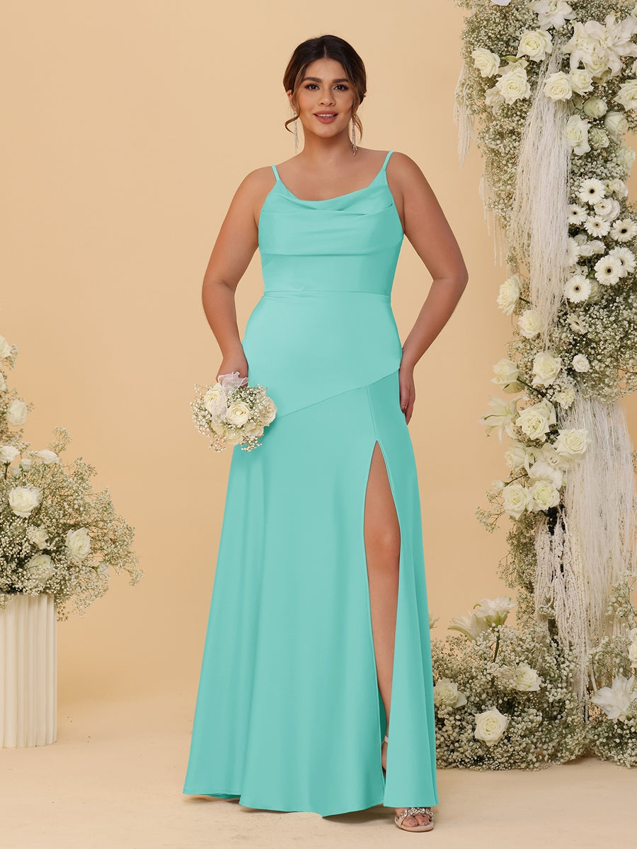 Sheath/Column Spaghetti Straps Cowl Neck Sleeveless Plus Size Bridesmaid Dresses With Split Side Turquoise