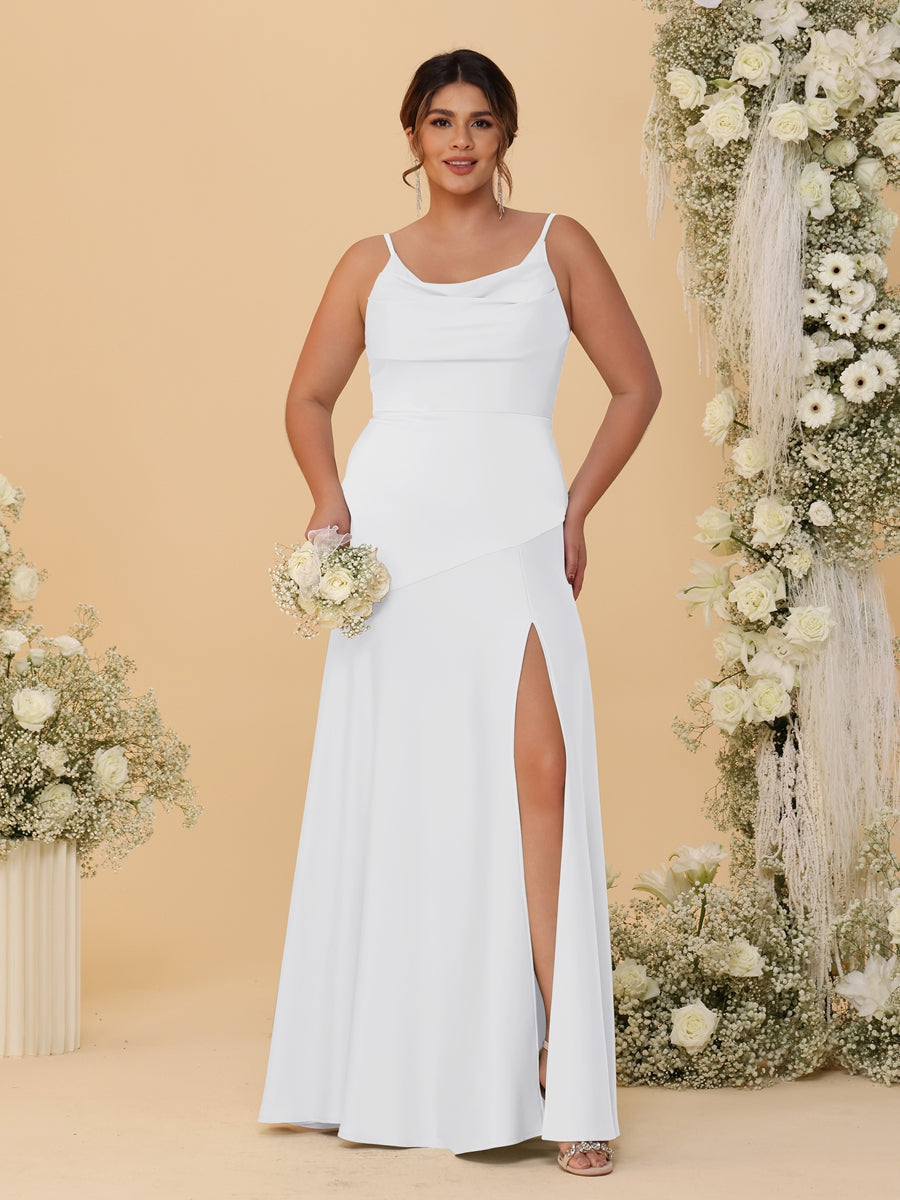 Sheath/Column Spaghetti Straps Cowl Neck Sleeveless Plus Size Bridesmaid Dresses With Split Side White
