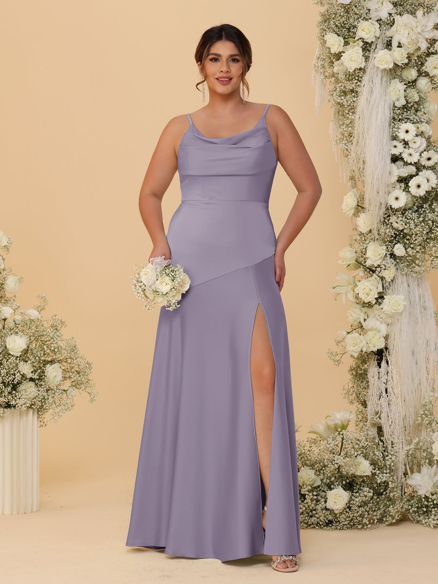 Sheath/Column Spaghetti Straps Cowl Neck Sleeveless Plus Size Bridesmaid Dresses With Split Side Wisteria