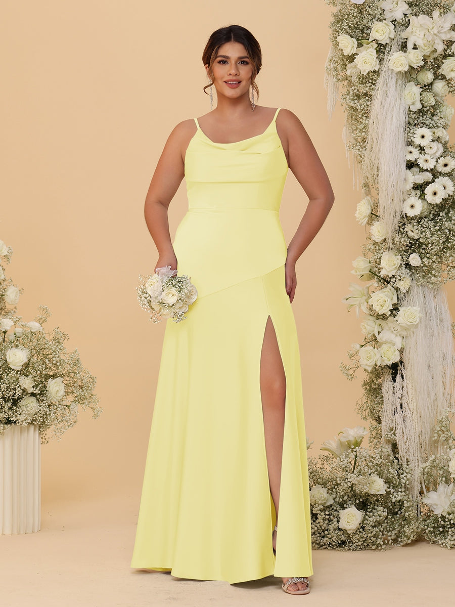 Sheath/Column Spaghetti Straps Cowl Neck Sleeveless Plus Size Bridesmaid Dresses With Split Side Yellow