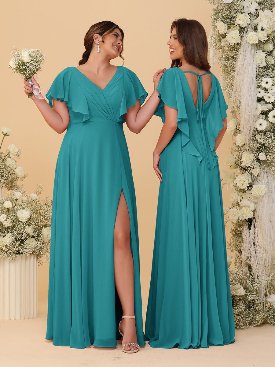 A-Line/Princess V-Neck Short Sleeves Floor-Length Ruched Bridesmaid Dresses With Side Slit Aqua Blue