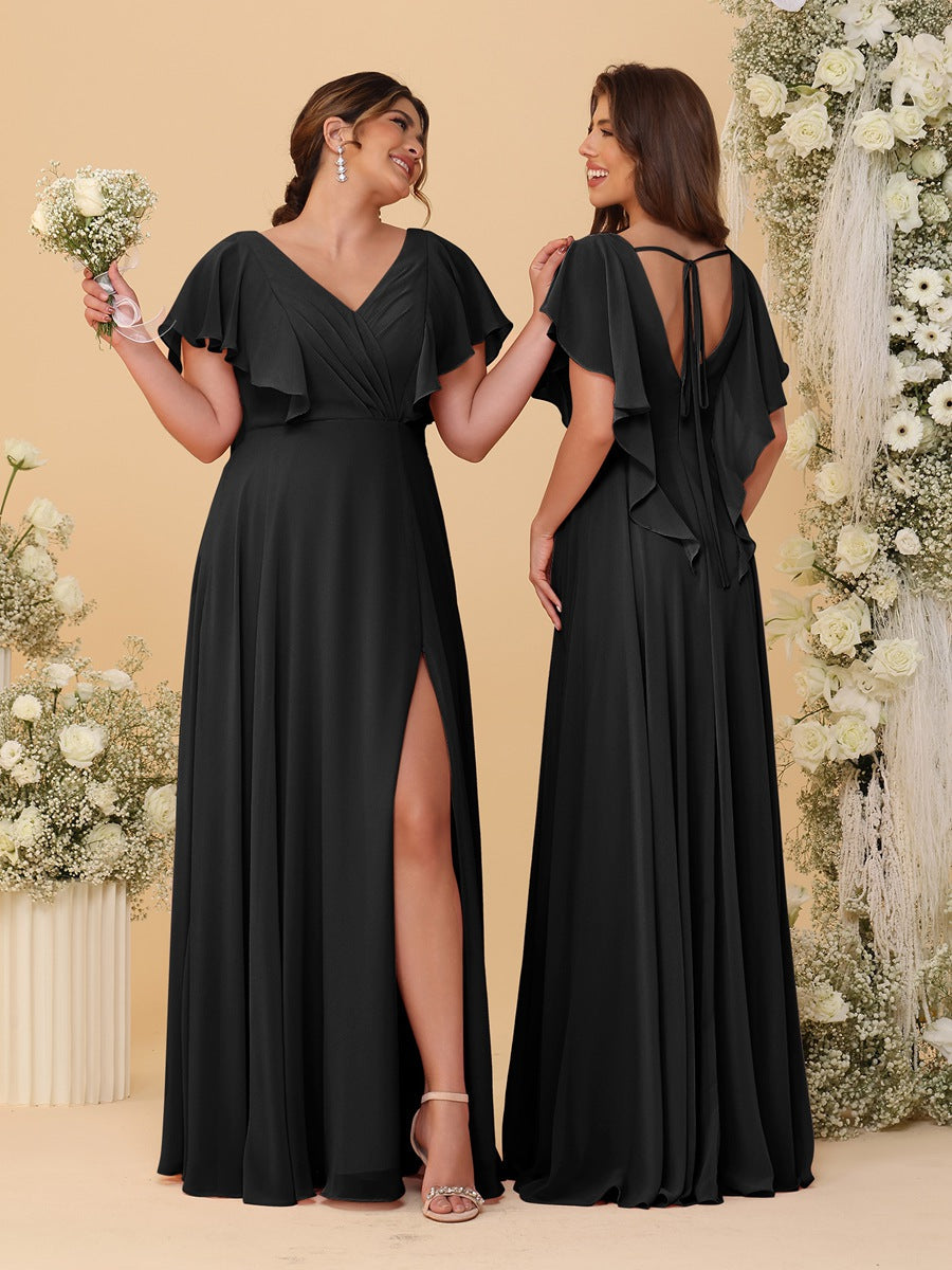 A-Line/Princess V-Neck Short Sleeves Floor-Length Ruched Bridesmaid Dresses With Side Slit Black