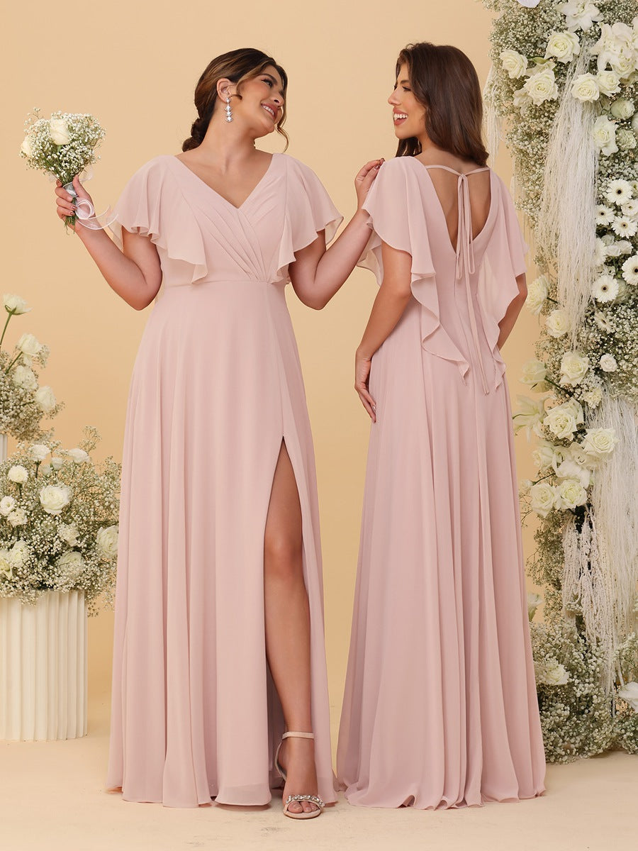 A-Line/Princess V-Neck Short Sleeves Floor-Length Ruched Bridesmaid Dresses With Side Slit Blush Pink