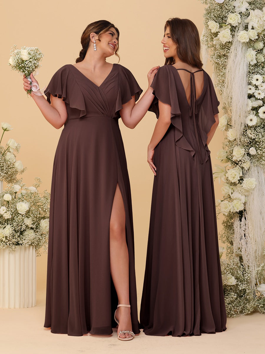 A-Line/Princess V-Neck Short Sleeves Floor-Length Ruched Bridesmaid Dresses With Side Slit Brown