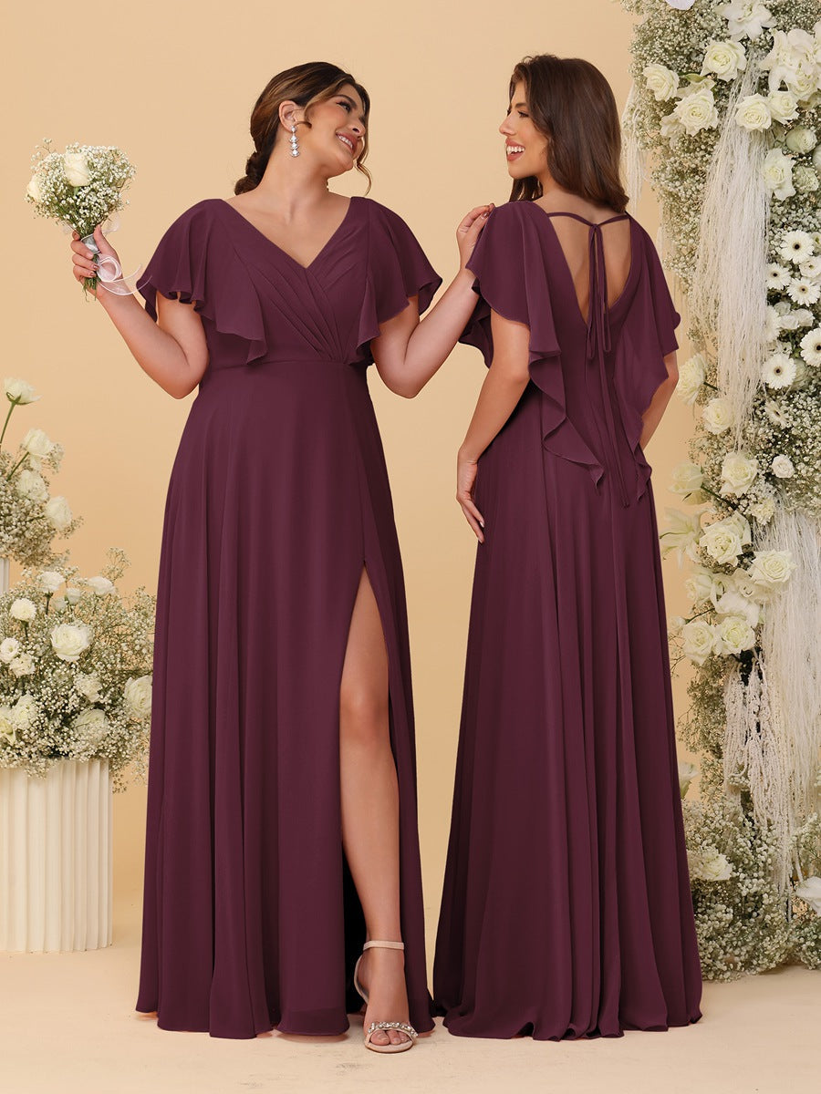 A-Line/Princess V-Neck Short Sleeves Floor-Length Ruched Bridesmaid Dresses With Side Slit Burgundy