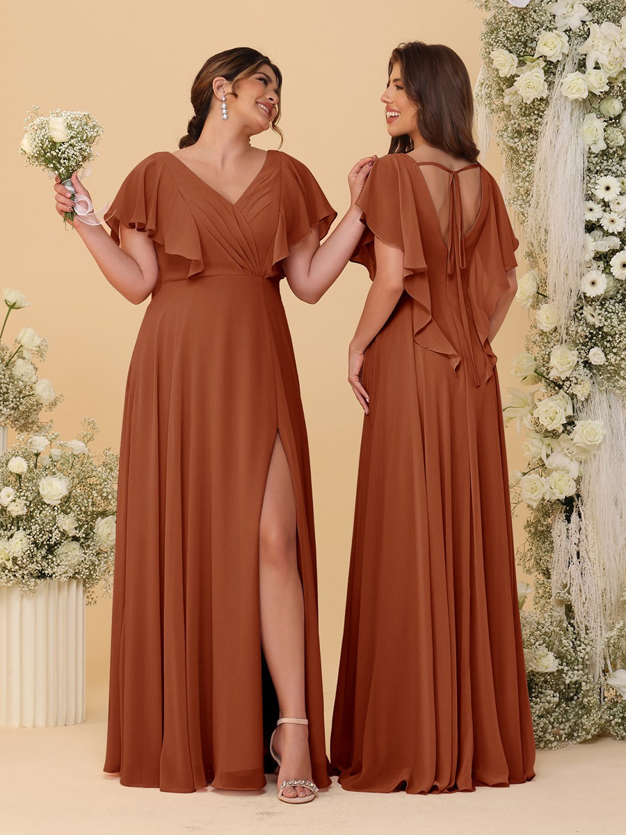 A-Line/Princess V-Neck Short Sleeves Floor-Length Ruched Bridesmaid Dresses With Side Slit Burnt Orange