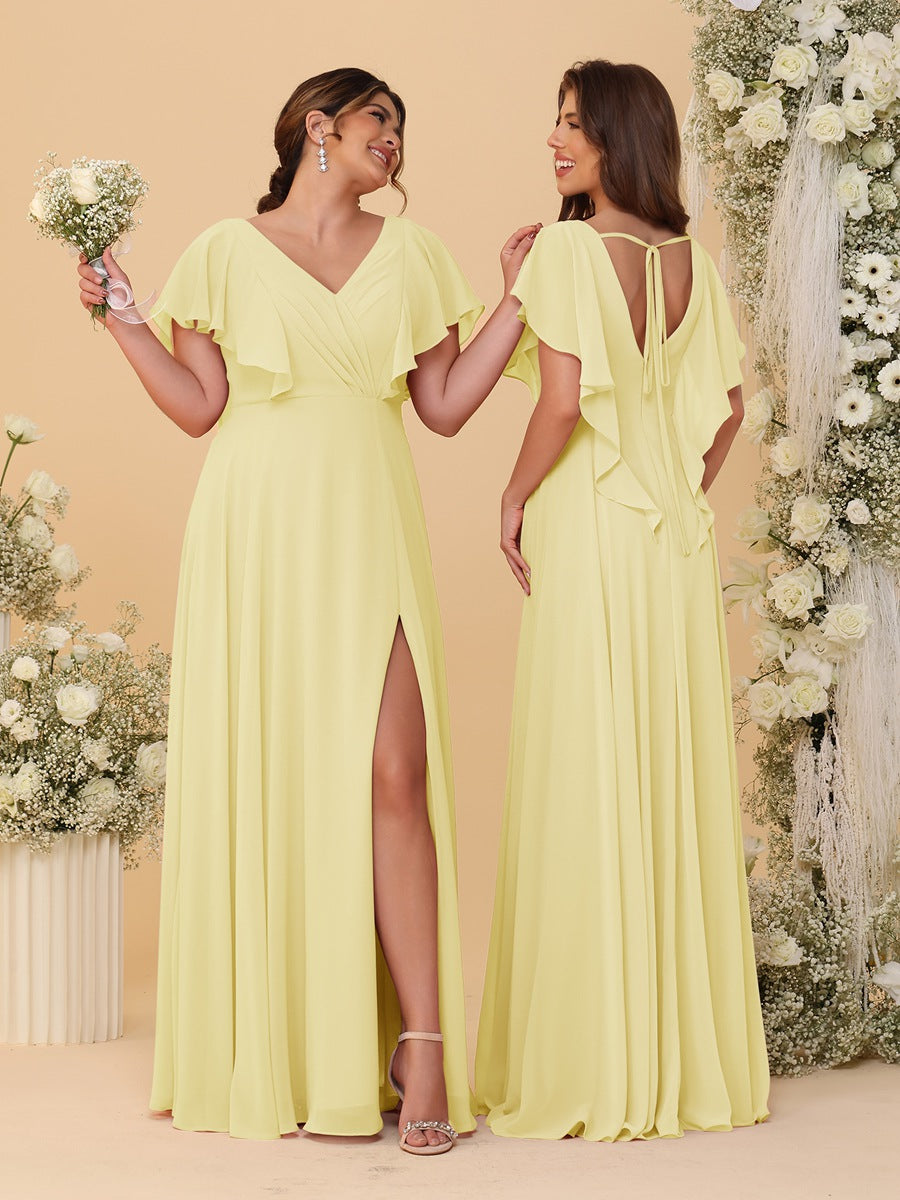 A-Line/Princess V-Neck Short Sleeves Floor-Length Ruched Bridesmaid Dresses With Side Slit Canary