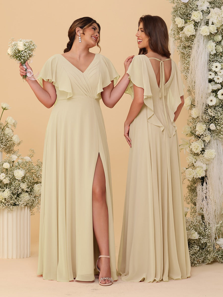 A-Line/Princess V-Neck Short Sleeves Floor-Length Ruched Bridesmaid Dresses With Side Slit Champagne