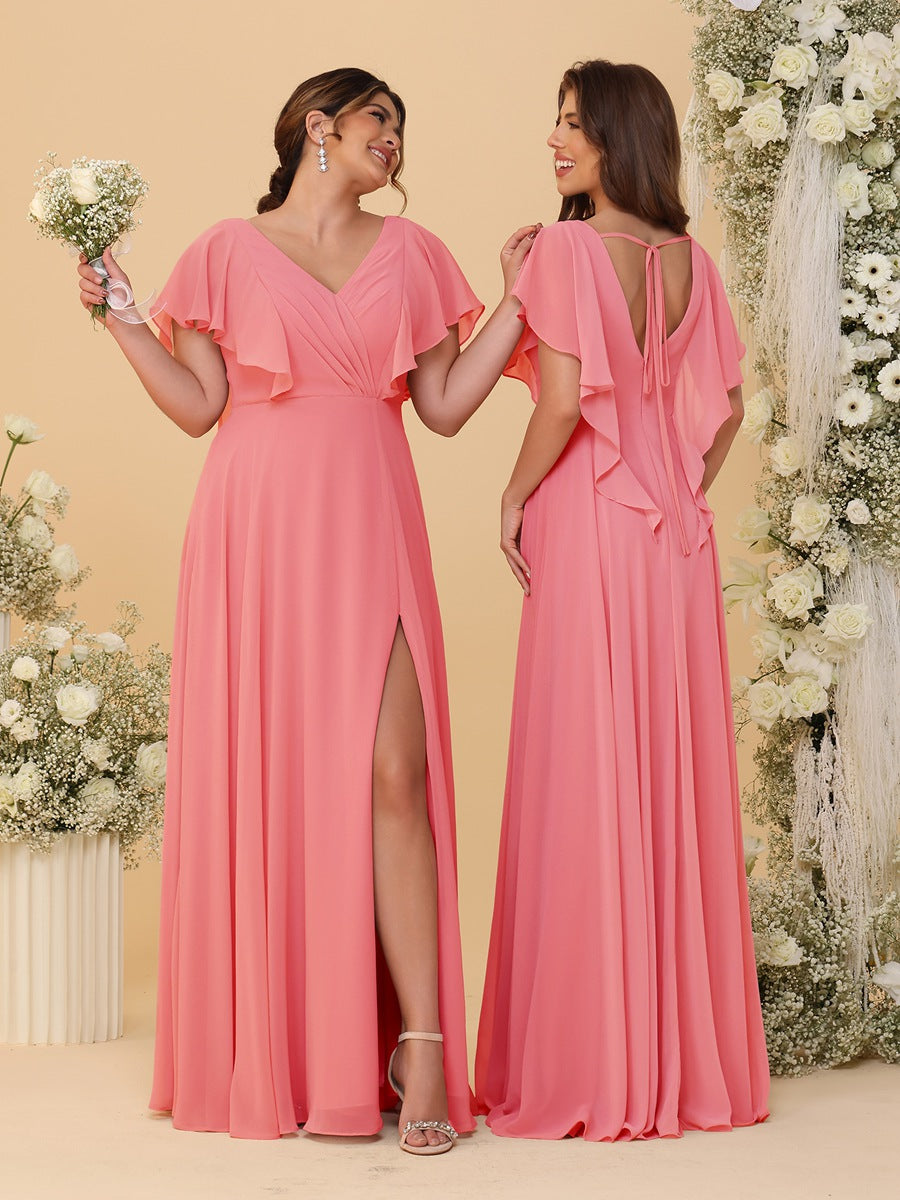 A-Line/Princess V-Neck Short Sleeves Floor-Length Ruched Bridesmaid Dresses With Side Slit Coral